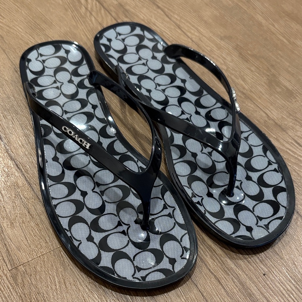 Coach Black and Gray Signature Logo Flip Flops